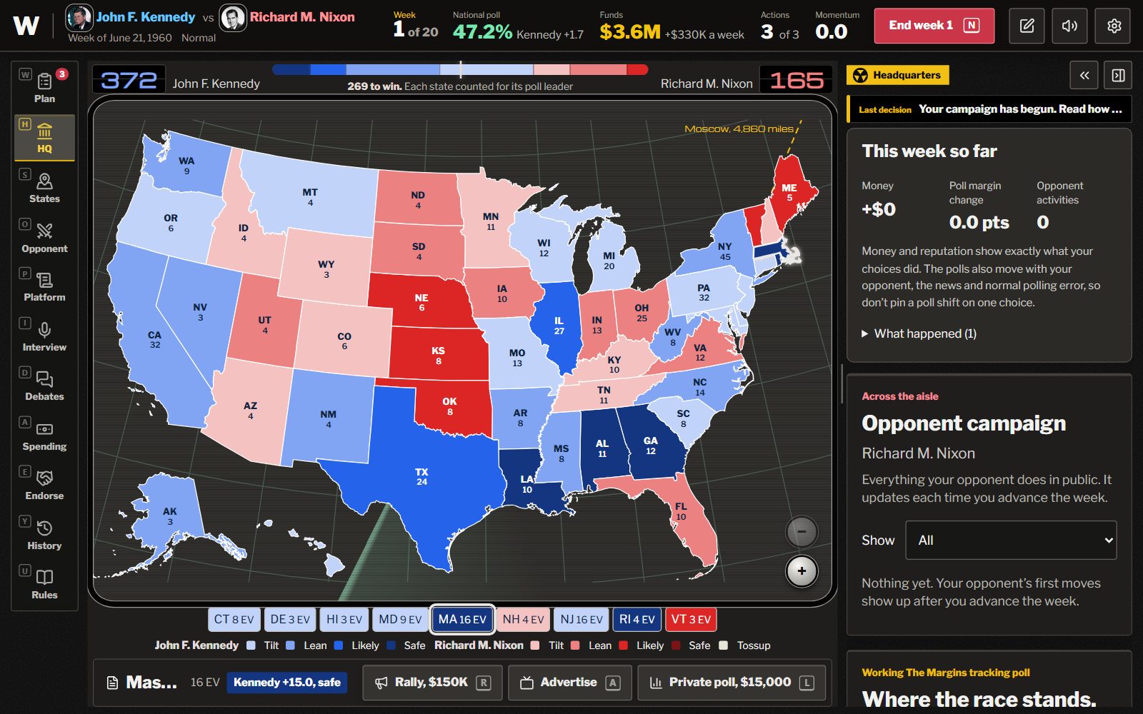 The campaign screen in 1960: the map of the states shaded by who leads, Headquarters beside it, and the week, the national poll, the funds and the actions left across the top.